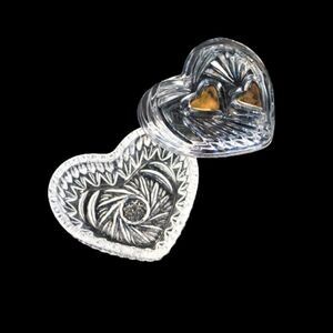 Vintage Trinket Dish Heart Shaped Starburst Crystal Cut Glass Jewelry Box